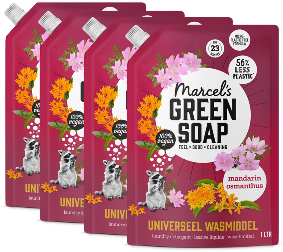 Marcel's Green Soap Universal-Waschmittel-Nachfüllpackung – Mandarine Osmanthus – 4 x 1 l – 92 Waschgänge