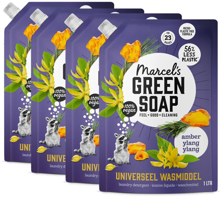 Marcel's Green Soap Universal-Waschmittel-Nachfüllung – Amber Ylang Ylang – 4 x 1 l – 92 Waschgänge