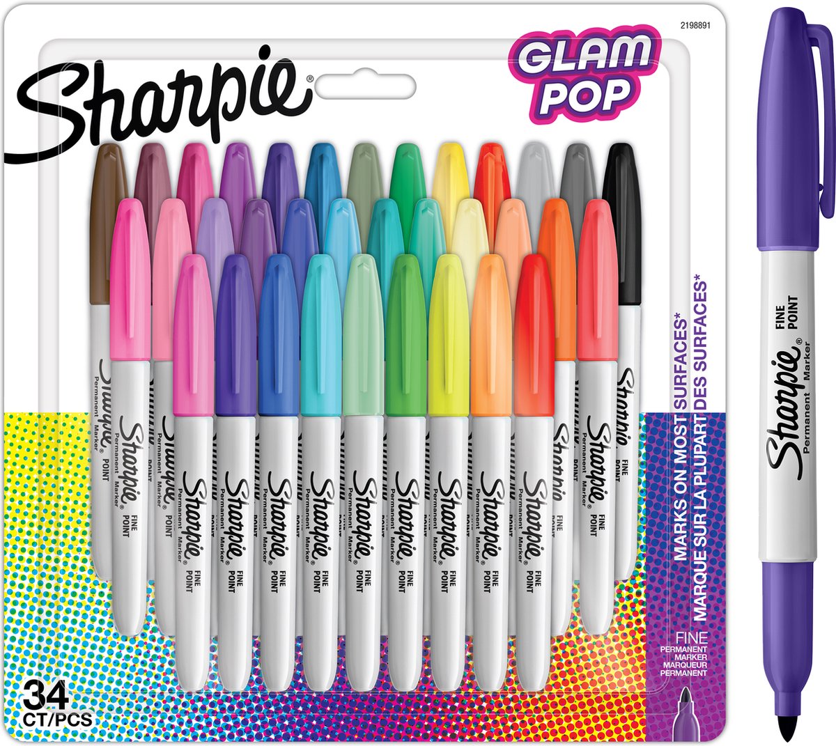 Sharpie Glam Pop Permanentmarker – 34 Marker – mehrfarbig – feine Spitze