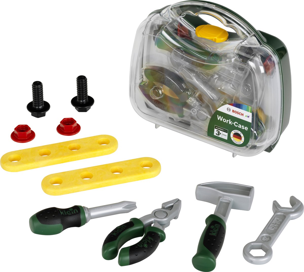 Klein Toys - Bosch Mini-Spielzeug-Werkzeugkoffer I Robuster Koffer mit transparenter Vorderseite I inkl. Werkzeuge, Schrauben und Lamellen