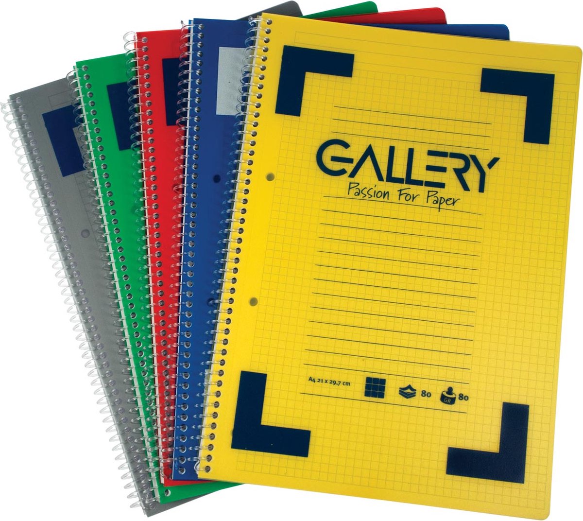 Gallery Traditionelles Spiralnotizbuch im A4-Format, liniert, verschiedene Farben, 160 Seiten, 6 Stück