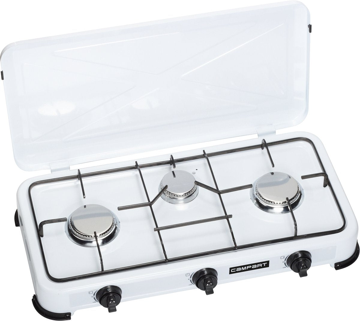 Campart Campingkocher KO-6383 – Campingkocher 3 Brenner – Gaskocher mit Edelstahlbrenner – Weiß