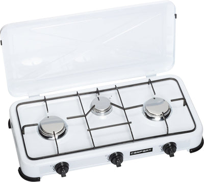 Campart Campingkocher KO-6383 – Campingkocher 3 Brenner – Gaskocher mit Edelstahlbrenner – Weiß