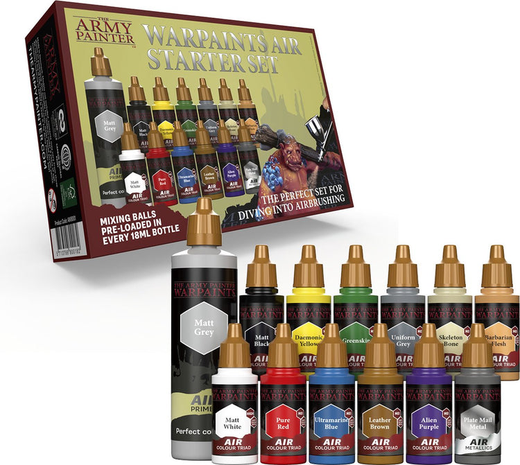 Das Army Painter Warpaints Air Starter-Set, 12 Warpaints in 18-ml-Tropfflaschen (einschließlich 1 metallischer, 1 grauer 100-ml-Grundierung), Acrylfarbe, ungiftiges Airbrush-Farb-Acrylfarben-Set auf Wasserbasis