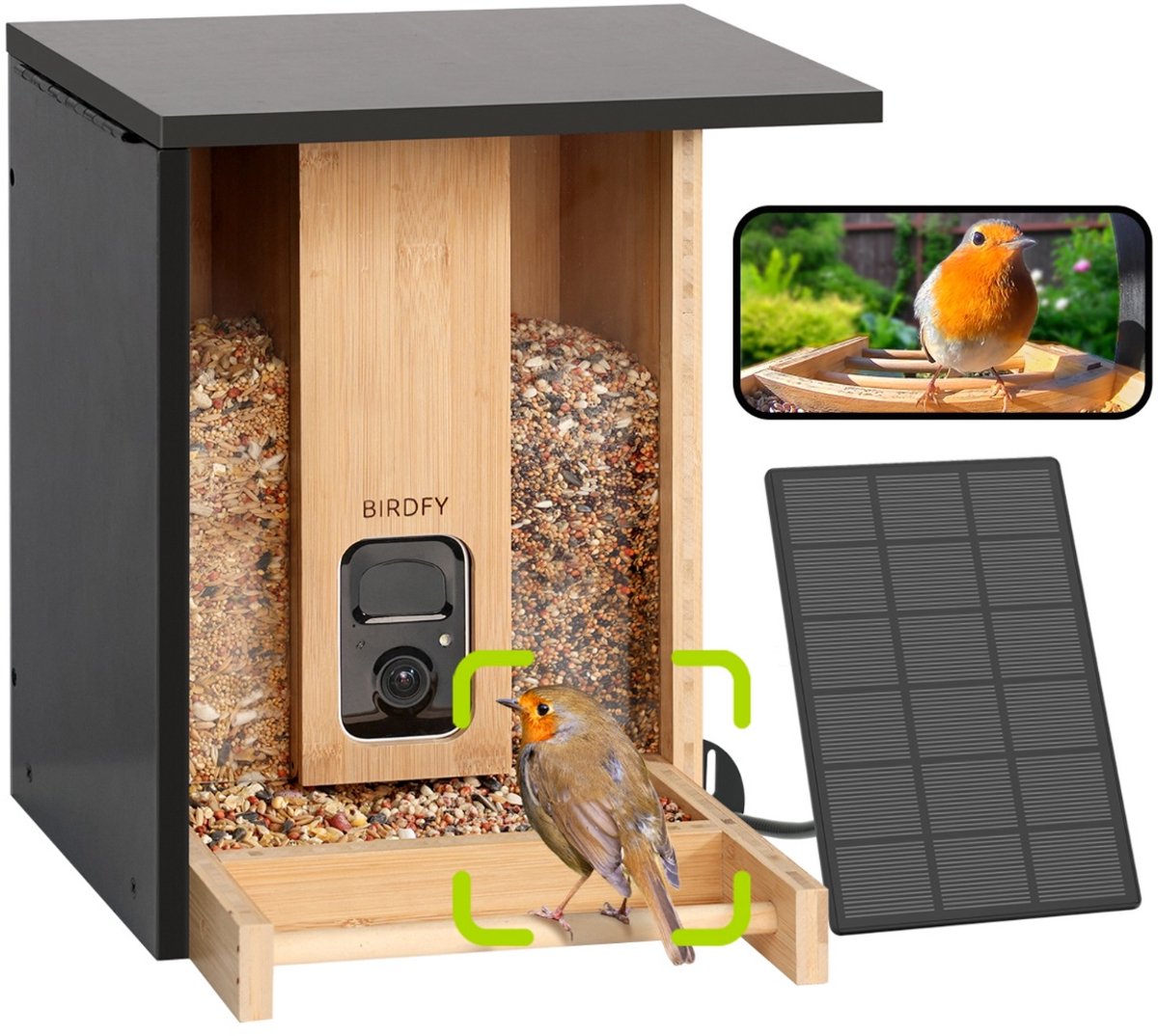 Birdfy Futterspender Bambus – Vogelhaus mit Kamera – Live-Vogelbeobachtung über Ihr Smartphone – Intelligentes Vogelhaus mit KI-Erkennung 1080p HD – Farb-Nachtsicht – Solarpanel kabellos – nachhaltiges Bambus-Design – Geschenk für Naturliebhaber