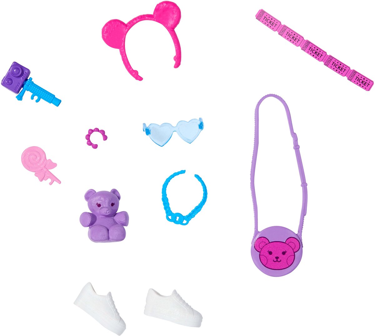Barbie-Zubehörset mit Schuhen, Sonnenbrille, Handtasche, Teddybär und Kamera