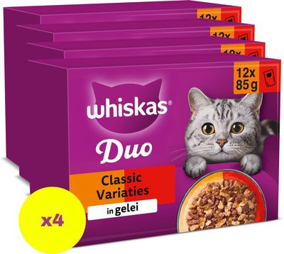 Whiskas Katzenfutter – Erwachsene ab 1 Jahr – Duo-Klassiker-Variationen, Gelee – 4 x 12 x 85 g