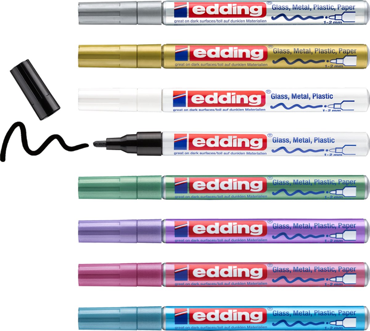 Edding 751 8 s Glanzlackmarker, festliche und metallische Farben, sortiertes Set – runde Spitze – 1–2 mm – Set mit 8 Stück