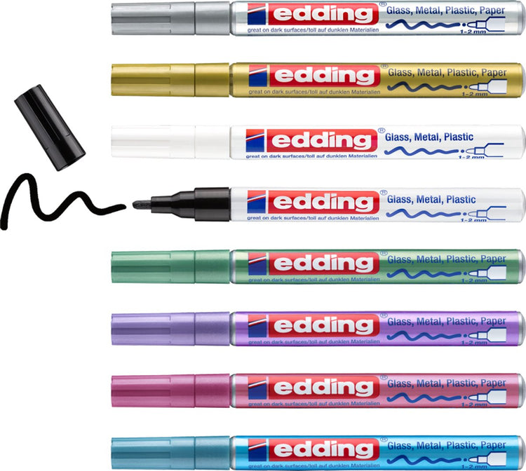 Edding 751 8 s Glanzlackmarker, festliche und metallische Farben, sortiertes Set – runde Spitze – 1–2 mm – Set mit 8 Stück