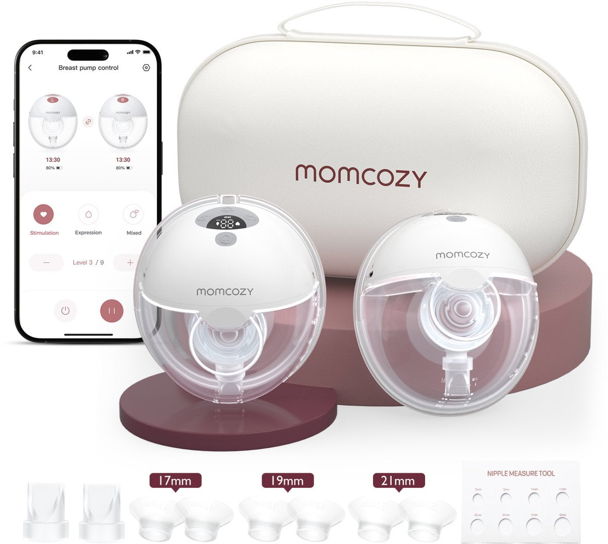Momcozy m5 smart – Freisprech-Milchpumpe – 2 Stück – elektrisch – leise kompakt – mit Brusthauben-Einsätzen – weiß grau
