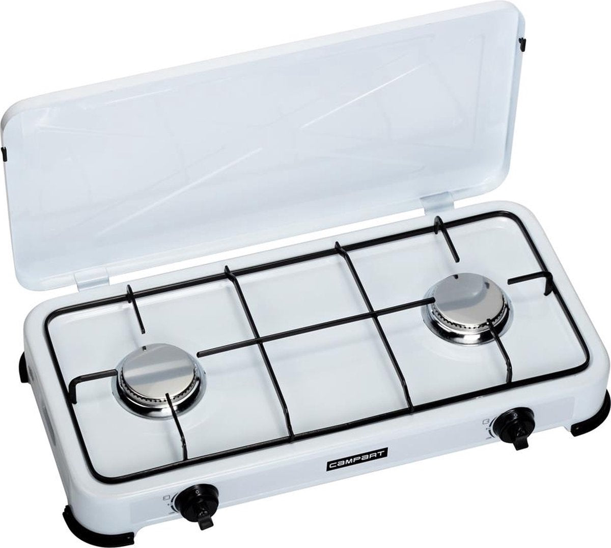 Campart Campingkocher KO-6382 – Campingkocher 2 Brenner – Gaskocher mit Edelstahlbrenner – Weiß