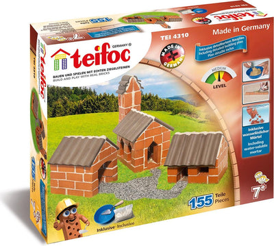 Teifoc® Baukasten – Dorf – 155 Teile – echte Mini-Steine mit Zement, Schüssel und Kelle – Bausatz für Kinder ab 6 Jahren