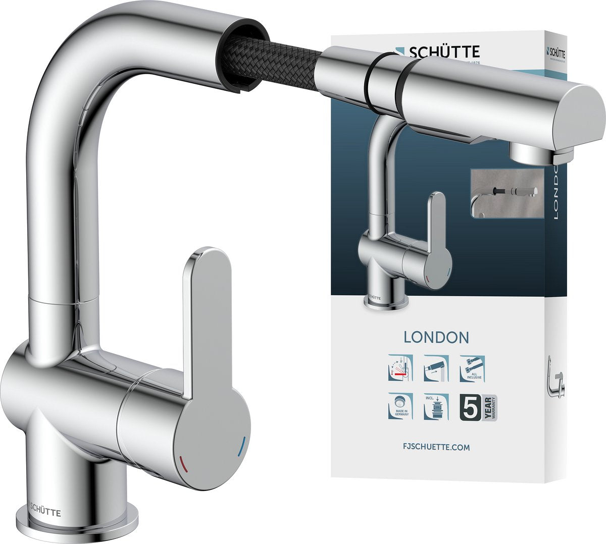 Schütte Schütte Washbeer Mixer mit ausziehbarem London Chrom -gelenktem Ausgang