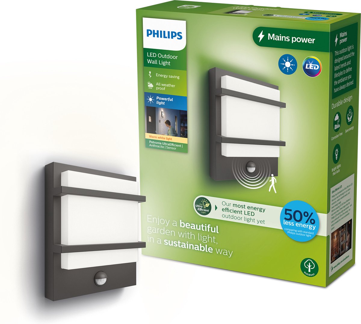 Philips LED Philips Petronia Wandleuchte – ultraeffizient – Anthrazit – mit Sensor – 3,8 W