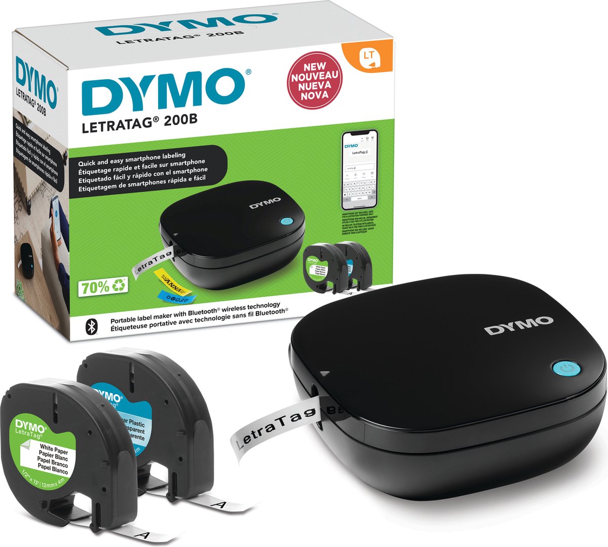 Dymo Letratag 200b Etikettendrucker mit Bluetooth | kompakter Etikettendrucker | Verbindung über drahtlose Bluetooth-Technologie mit iOS und Android | inklusive 2 Sorten Etikettenband