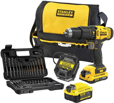 Stanley Fatmax V20 18 V bürstenloser Schrauben-Schlagbohrschrauber + Maßband, Wasserwaage und Bit-Set im Koffer (mit 2 x 2,0 Ah Akku und Ladegerät) SFMCK101D2T-QW