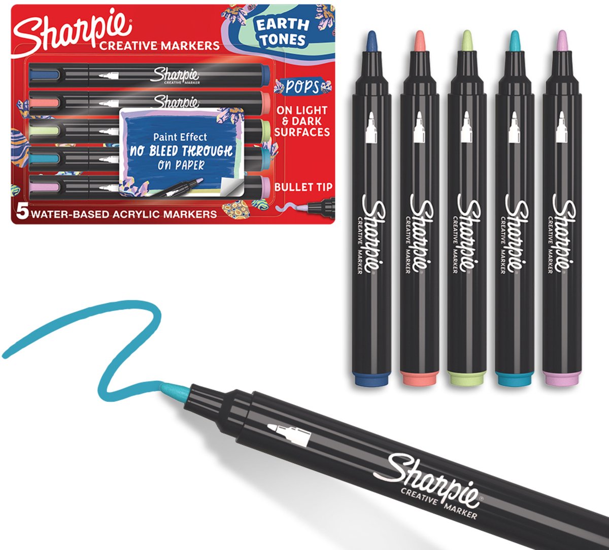 Sharpie Creative Marker Acrylfarbenmarker | Erdtöne | wasserbasierte Farbmarker | Verschmiert nicht, schreibt auf den meisten Oberflächen | Aufzählungspunkt | Schulbedarf | verschiedene Farben | 5 Stück