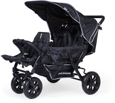 Childhome Triplet-Kinderwagen – 3 Sitze – Schwarz – inklusive Regenschutz und Sonnenverdeck – 132 x 85 x 104 cm