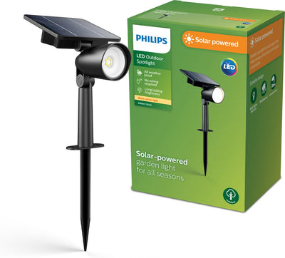 Philips LED Philips Ashlyn Sockellampe mit Spieß – Solar-Außenlampe – warmweißes Licht 2700 K – Schwarz – Dämmerungssensor – Solarenergie