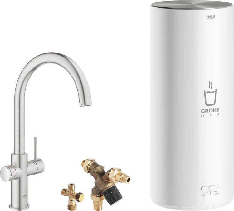 Grohe roter 3-in-1-Kochwasserhahn – C-Auslauf – 7-Liter-Boiler – Mischventil – Edelstahl (Supersteel)
