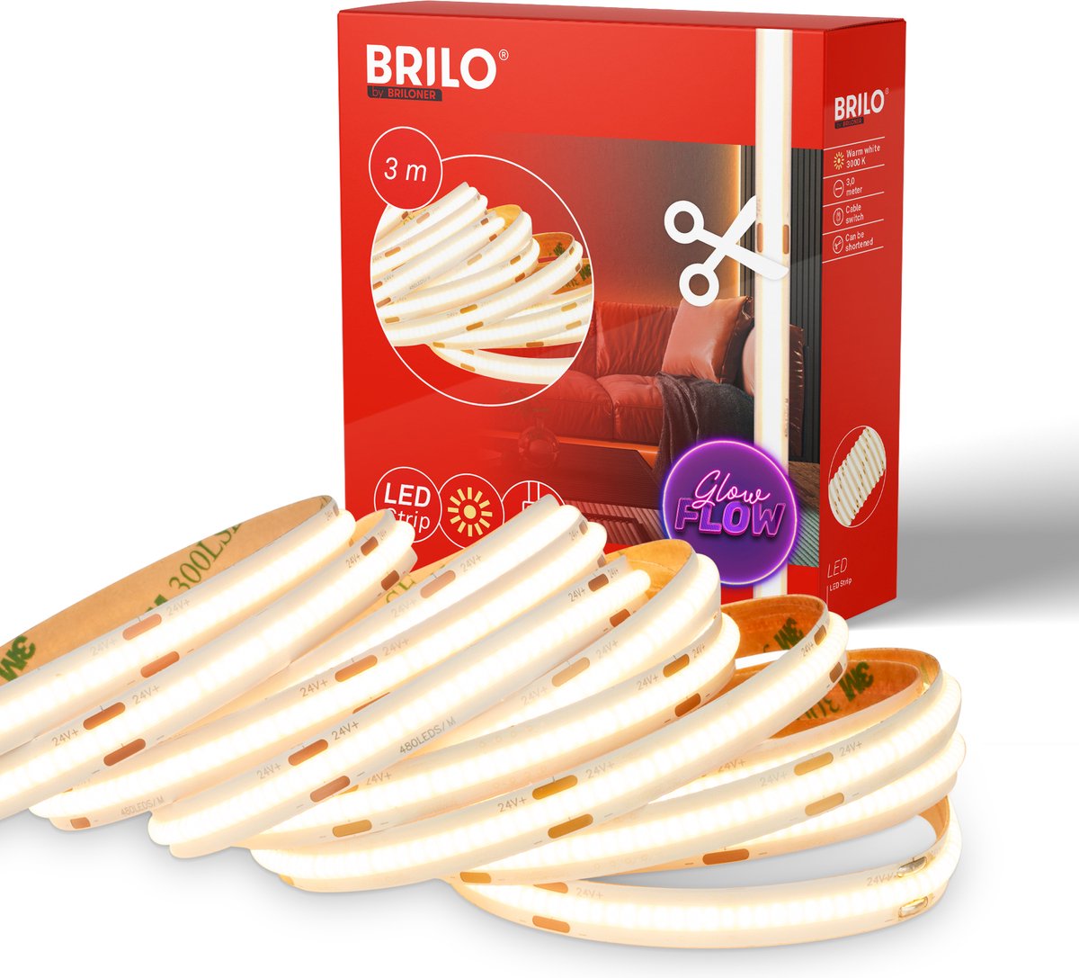 Briloner Kolben - LED-Streifen 3 Meter - warmweißes Licht - selbstklebend - kürzbar - weiß