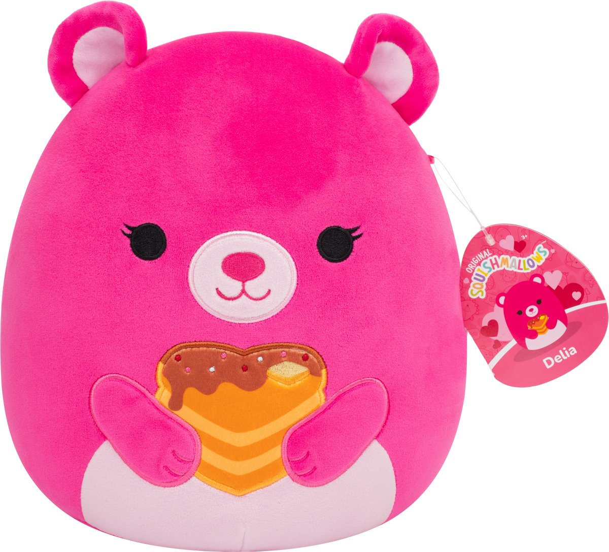 Squishmallows Squishmallow Valentinstag – 19 cm Plüsch-Delia – rosa Bär mit Herzpfannkuchen