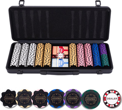 Longfield Pokerset 500 Chips 14 Gramm – schwarzes Aluminiumgehäuse – Spielkarten – Dealer-Button – Würfel – Engelsherz