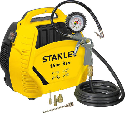 Stanley Kompressor 8bar – ölfreier Luftkompressor mit Druckluftwerkzeugen – Kompressor-Set inkl. Luftschlauch 3 m, Luftpistole mit Manometer und 3 Düsen – gelb