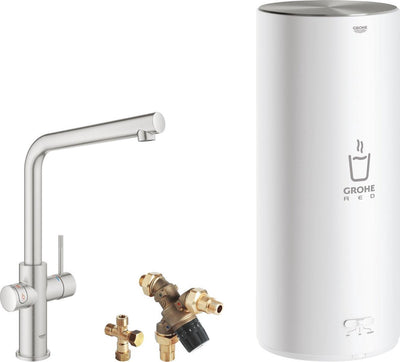 Grohe roter 3-in-1-Kochwasserhahn – L-Auslauf – 7-Liter-Boiler – Mischventil – Edelstahl (Supersteel)