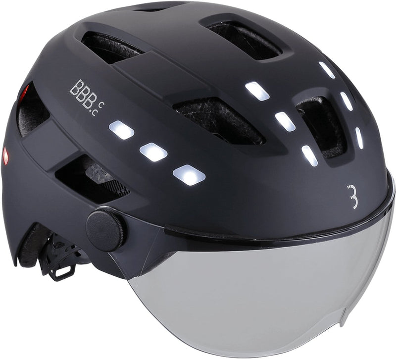 Bbb Fahrradhelm mit Beleuchtungsvisier – District LED-Gesichtsschutz – E-Bike-Helm für Männer und Frauen – ABS-Schale – Fahrradhelm mit Visier – mittelgroß: 54–60 cm – mattschwarz – bhe-163