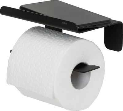 Tiger Colar - Toilettenpapierhalter mit Ablage - Toilettenpapierhalter mit Ablage - selbstklebend - ohne Bohren - Schwarz