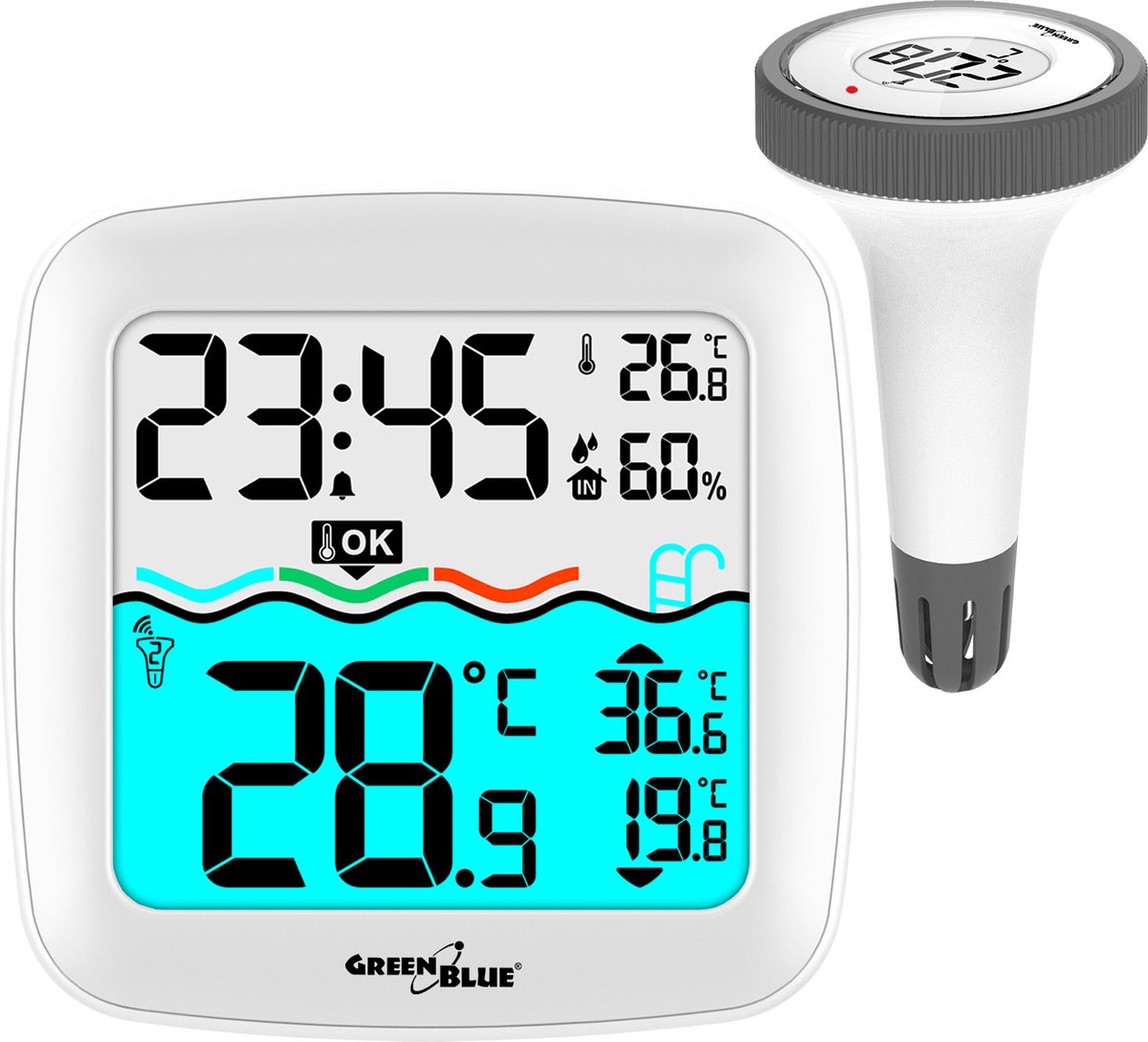 Greenblue - Wetterstation - Temperaturstation mit Schwimmbadthermometer | Radio- und Uhrfunktion - weiß