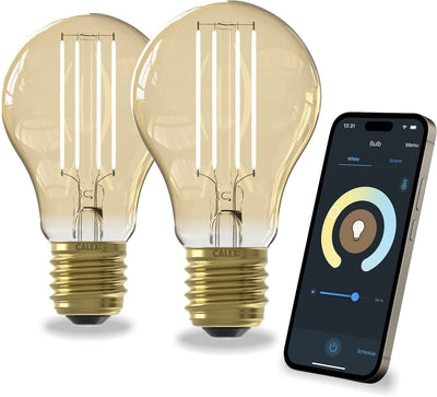 Intelligente Calex-Lampe – 2er-Set – WLAN-LED-Filamentbeleuchtung – E27 – intelligente Lichtquelle Gold – dimmbar – warmweißes Licht – 7 W