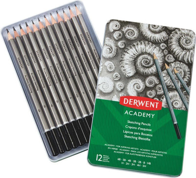 Derwent Academy Skizzierstifte 6b-5h in Dose – 12 Graphitstifte in Dose – Grauschwarz