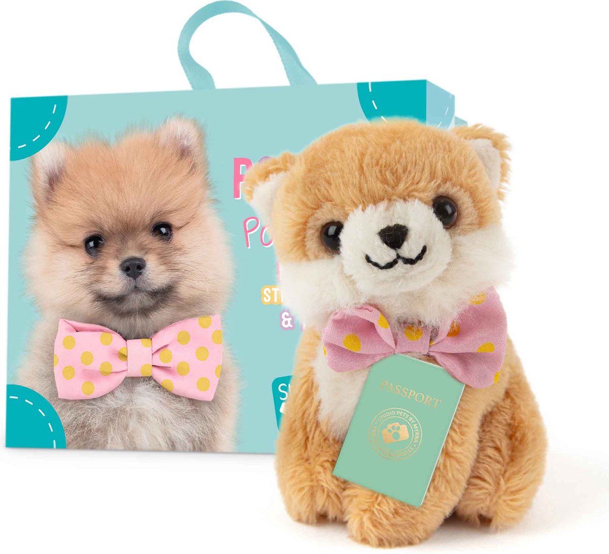 Studio Pets by Myrna Studio Pets® Mini-kuscheliger Zwergspitz-Pompom (8 cm) mit Etui, Reisepass-Stickerbuch