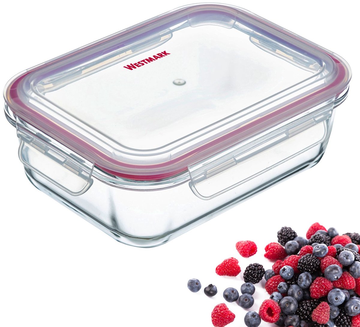Westmark Lebensmittelbehälter + Deckel, 370 ml, luftdicht, ofen-gefrierschrank-mikrowellengeeignet, BPA-frei, Glas-Kunststoff-Silikon, transparent rot, 234122e1