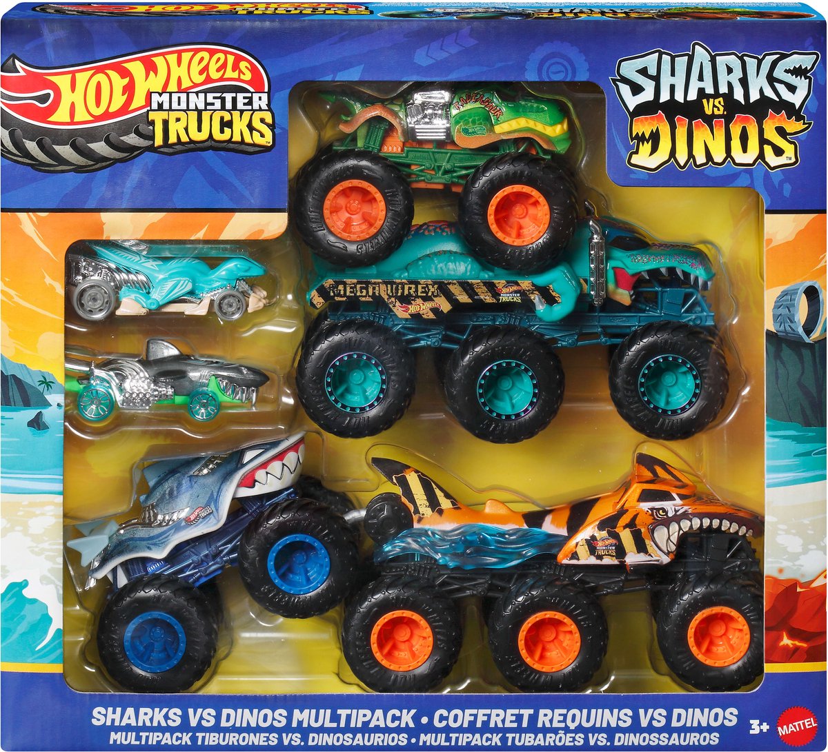 Hot Wheels Monster Trucks Sharks vs Dinosaurs Multipack, Fahrzeugset, 3 Jahre, Metall, Kunststoff, mehrfarbig