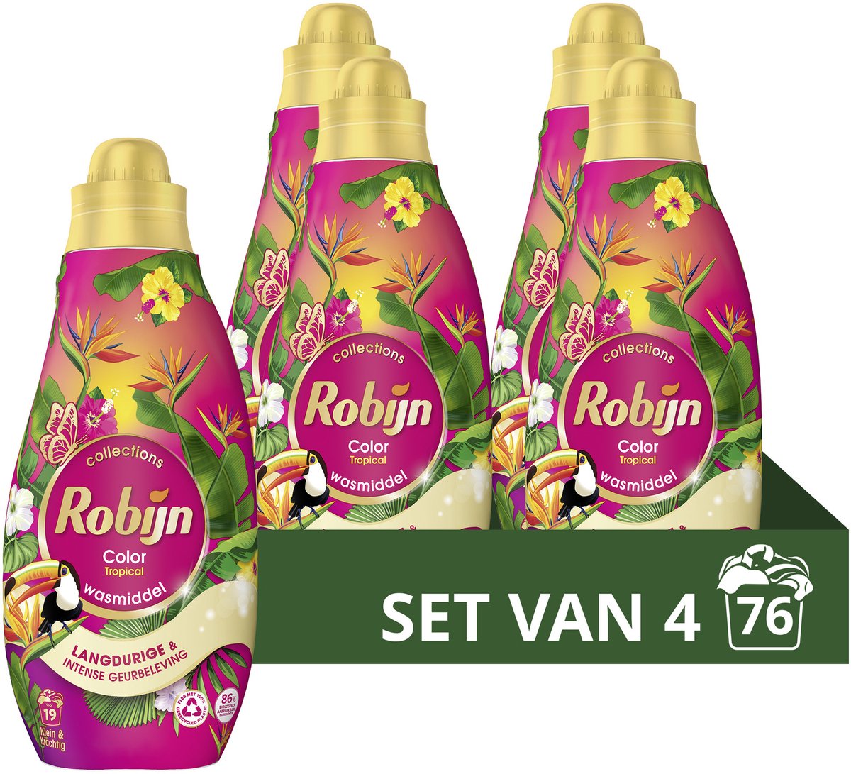 Robijn – Flüssigwaschmittel – klein, kraftvoll – tropisch – 4 Flaschen – 76 Waschgänge – Vorteilspackung