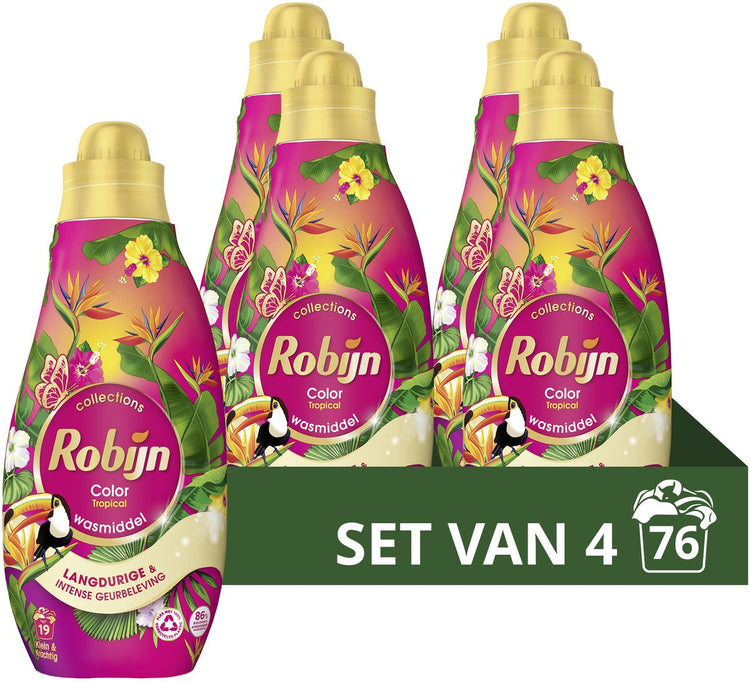 Robijn – Flüssigwaschmittel – klein, kraftvoll – tropisch – 4 Flaschen – 76 Waschgänge – Vorteilspackung
