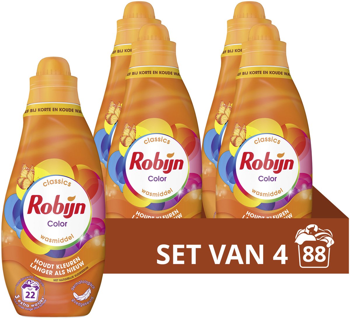 Robijn – Flüssigwaschmittel – klein, kraftvoll – Farbe – 4 Flaschen – 88 Waschgänge – Vorteilspack