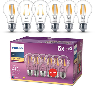 Philips LED-Lampe – Standardlampenform mit E27-Fassung – warmweißes Licht: 2700 K – 40 W – klares Glas – 6er-Pack
