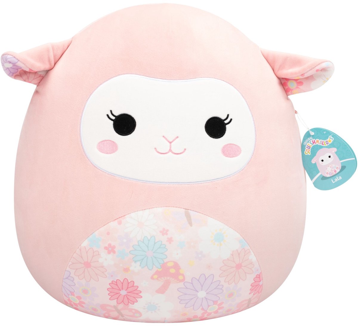 Jazwares Squishmallows – großer Plüsch (Lala – rosa Lamm mit Blumendruck auf Bauch und Ohren) – 40 cm Plüsch