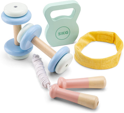 Woet® Fitness-Set aus Holz für Kinder – Spielzeugset mit 5 Teilen – inklusive Gewichten, Springseil und Haarband – FSC – Rollenspielsport – ab 3 Jahren