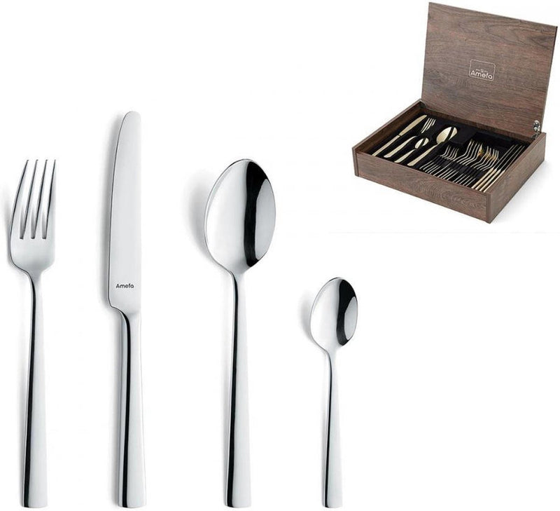 Amefa moderno - Besteckset mit Holzbox - 24-teilig für 6 Personen - Silber - Edelstahl - spülmaschinenfest