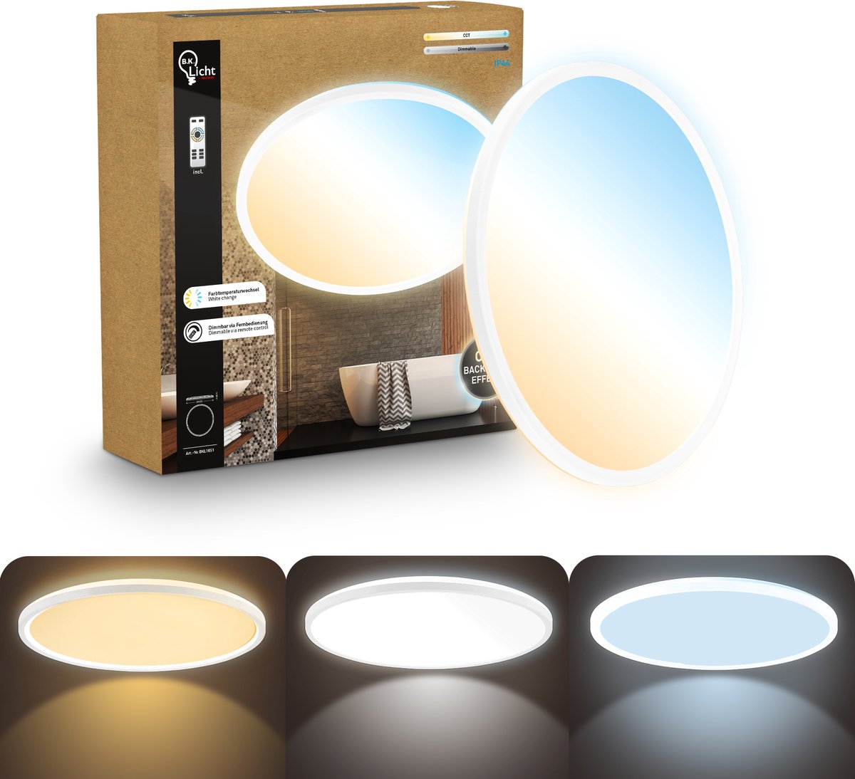 B.K. Licht flach - dimmbare Badezimmerlampe Deckenlampe - Deckenlampe mit Fernbedienung - Badezimmerbeleuchtung mit CCT - IP44 - ø42 - weiß