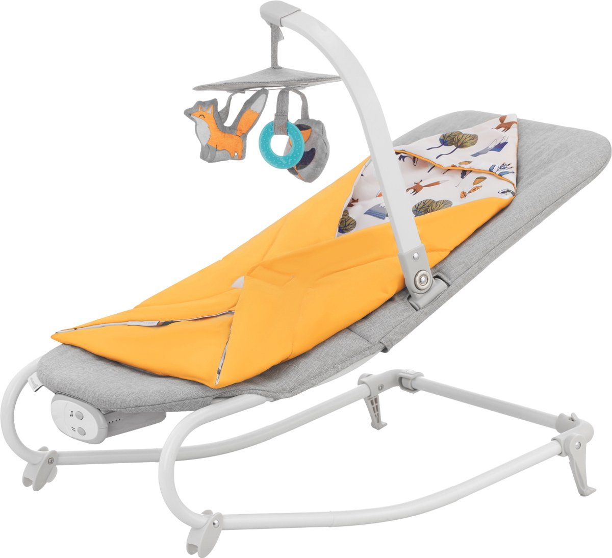 Kinderkraft Felio 2 Schaukel- und Loungesessel 2-in-1 – für Neugeborene bis 9 kg – mit Musik, Vibrationen und abnehmbarem Spielbogen – gelb