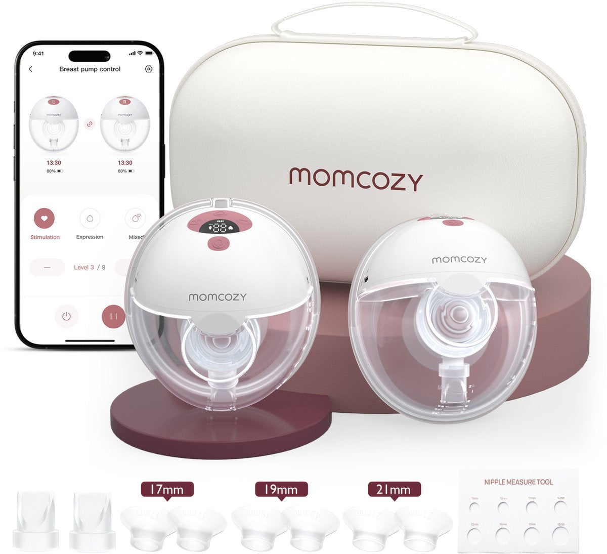 Momcozy m5 smart – Freisprech-Milchpumpe – 2 Stück – elektrisch – geräuschlos kompakt – mit Brusthauben-Einsätzen – weiß rot