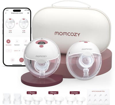 Momcozy m5 smart – Freisprech-Milchpumpe – 2 Stück – elektrisch – geräuschlos kompakt – mit Brusthauben-Einsätzen – weiß rot
