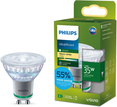 Philips LED Ultraeffizienter LED-Spot von Philips – 35 W – Gu10-Fassung – warmweißes Licht: 2700 K – verbraucht nur 1,2 Watt – spart Energiekosten