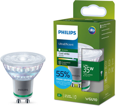 Philips LED Ultraeffizienter LED-Spot von Philips – 35 W – Gu10-Fassung – kaltweißes Licht: 4000 K – verbraucht nur 1,2 Watt – spart Energiekosten